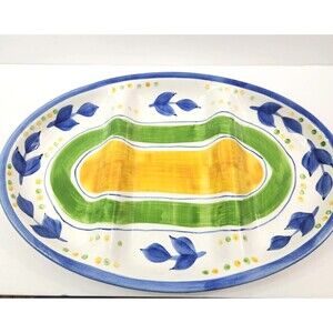 Gibson Clarisse Oval mCeramic 15" Platter Tray Yellow Green Center Blue Ring